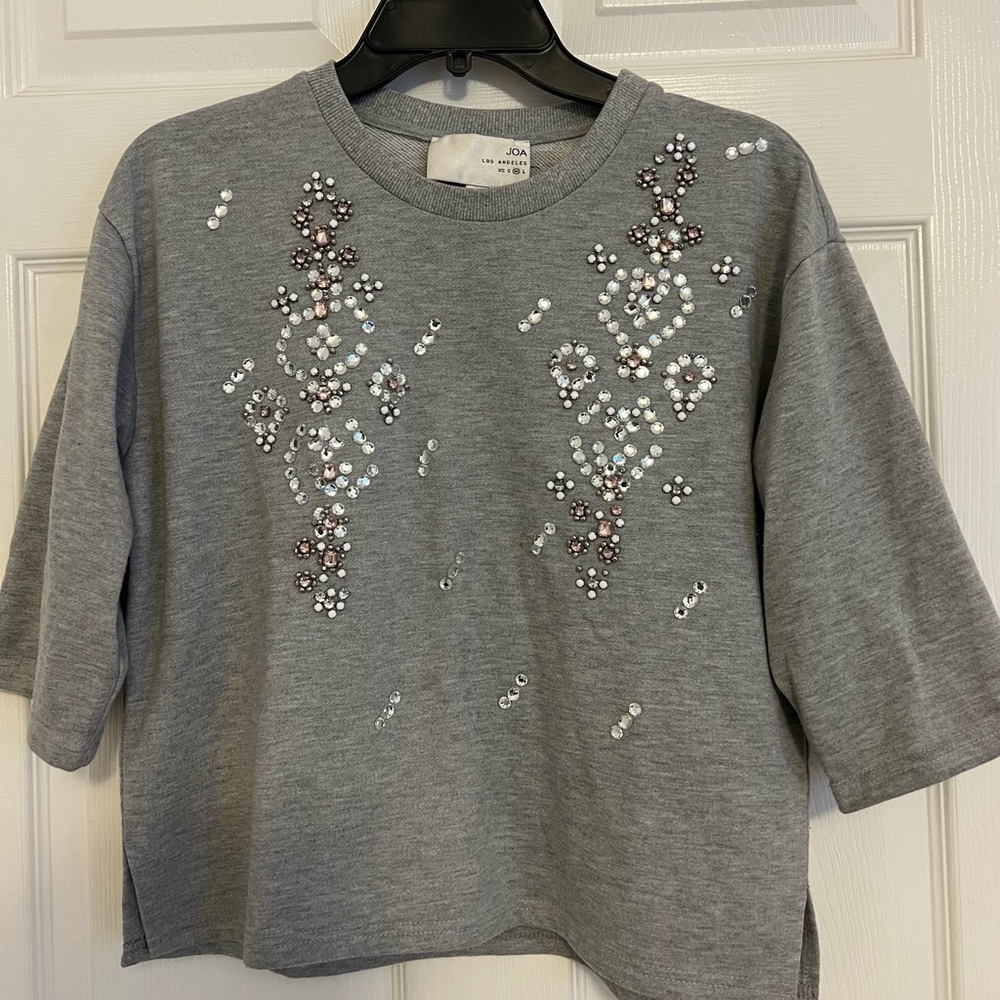 JOA LA Bejewled Heather Gray Sweater